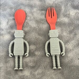 Robot Spoon & Fork Kids Utensil Set in Gray and Red